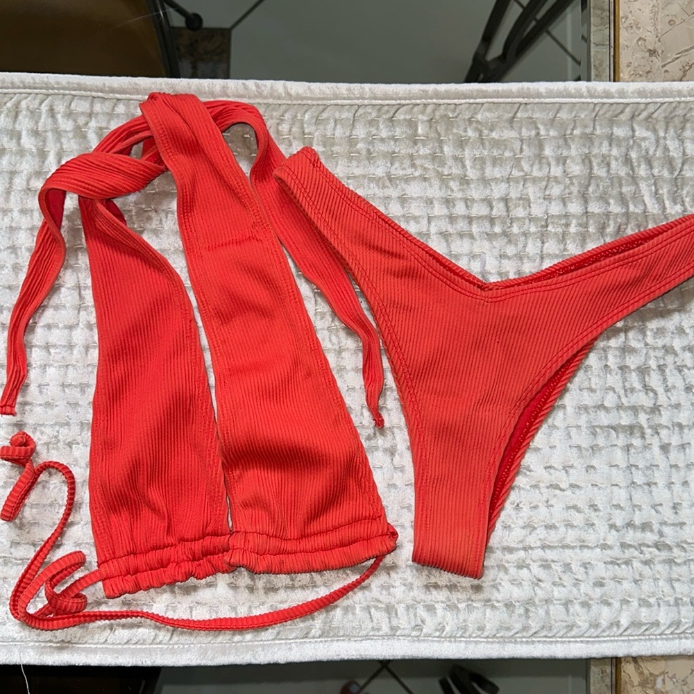 Four Three Seven Red Ribbed Bikini